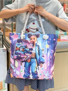 Μεγάλη τσάντα tote από καμβά με εικονογράφηση cyberpunk anime κοριτσιού, casual τσάντα.