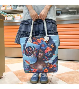 Sac cabas en toile avec impression d'art de fille noire peinte à la main avec poche.