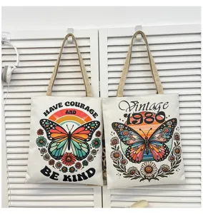 Bolso de lona vintage con mariposa gran capacidad bolso de hombro informal para mujer diario