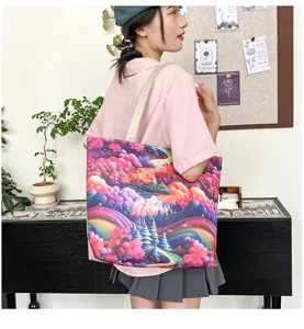 Bolso tote de lona con estampado de paisaje colorido, bolso de hombro grande y casual mujer.