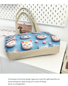 Bolso tote de lona con bonito estampado de gato, bolso de hombro casual de gran capacidad.