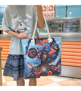 Grand sac cabas en toile avec imprimé floral de fille artistique, sac à main léger pour femmes.