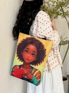 Sac cabas imprimé fille noire tendance, sac à main décontracté rétro pour femmes, grande capacité.