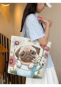 Lässige Canvas Tragetasche mit süßem gewebten Mops Motiv, geräumige Alltag Schultertasche Damen.