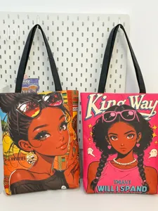 Sac à bandoulière en toile imprimée fille noire tendance, sac fourre-tout rétro grande capacité.