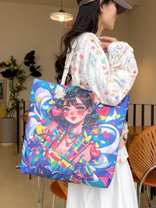 Modische Damen Canvas Tasche, große bunte Anime Mädchen Druck Schultertasche für Alltag.