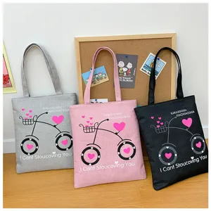 Borsa a tracolla in tela di lino con stampa bicicletta e cuore, borsa casual per la spesa quotidiana.