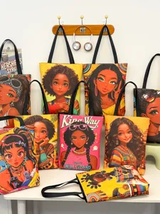 Sac à épaule en toile imprimée fille noire, sac cabas grand capacité rétro décontracté pour femmes.