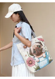 Große Kapazität Damen Canvas Shopper Tasche lässige Schultertasche mit Mops und Blumenmuster