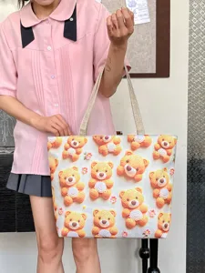 Bolso tote de lona estilo coreano con bordado de oso de dibujos 3D lindo, bolso de hombro.
