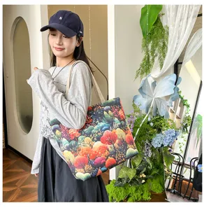 Bolso tote de lona con estampado abstracto de bosque otoñal, bolso de hombro casual.