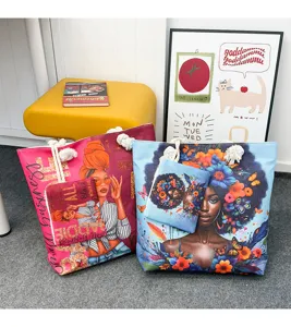Sac cabas en toile avec impression élégante de fille noire sac à main fourre-tout décontracté