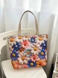Elegante bolso de lona con flores y gran capacidad, bolso de hombro informal para uso diario