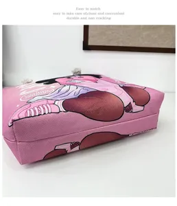 Ροζ τσάντα shopper από καμβά με τύπωμα anime και χοντρούς ιμάντες σχοινιού, μεγάλη τσάντα παραλίας.