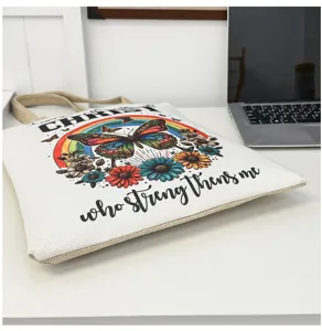 Bolso tote de lona de lino con estampado de mariposa arcoíris bolso de hombro casual.