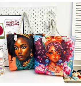 Leinwand Tragetasche mit afrikanischem Kunstporträt und buntem Cartoon-Mädchen, Schultertasche.