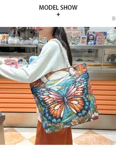 Grote canvas shopper met kleurrijk vlinder tapestry patroon, dames schoudertas