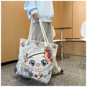 Χαριτωμένη τσάντα shopper από καμβά με κεντημένο σχέδιο γάτας, μεγάλη τσάντα ώμου.