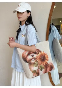 Canvas tote bag for women large capacity cute puppy sunflower embroidered shoulder bag casual.