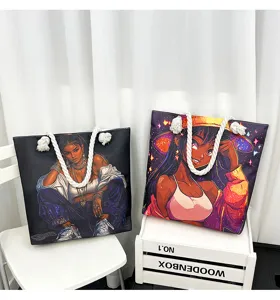 Einfashionige Canvas Tragetasche mit afrokulturellem Kunstdruck und bequemen Seilgriffen.