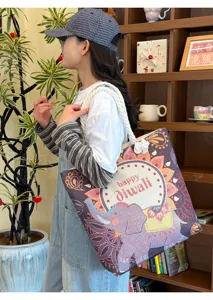 Ethno Stil Leinen Tragetasche mit Elefanten Stickerei Damen Schultertasche gross.