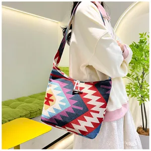 Ethnic geometric pattern canvas shoulder bag, casual hobo tote bag for women daily use.