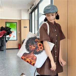 Canvas tote bag with sunflower African woman print, large capacity beach shoulder bag.
