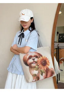 Cute puppy sunflower embroidered canvas tote bag, large capacity casual shoulder bag.