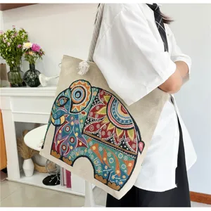 Borsa tote in tela ricamata con elefante stile etnico con manico in corda spessa da donna.
