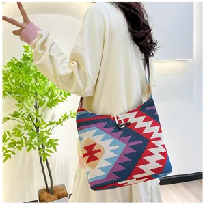 Ethnic embroidered canvas shoulder crossbody bag, casual large tote purse for women style.