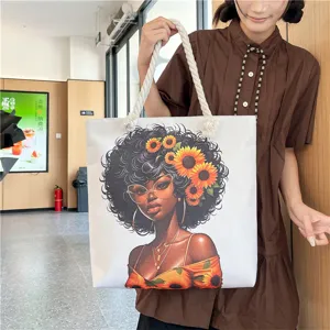 Canvas tote bag with artistic African woman and sunflower print, large capacity casual beach bag.