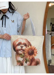 Canvas tote bag with cute puppy and sunflower woven pattern for stylish women daily use.