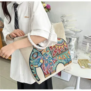 Borsa a tracolla in tela ricamata con elefante stile etnico, grande borsa da donna.