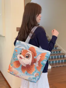 Bolso tote de lona informal con bordado de pez dorado, bolso de hombro grande para mujer.