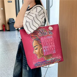 Canvas tote bag with African woman print, casual large capacity shoulder bag.