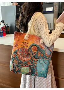 Ethnischer Stil Canvas Shopper Tasche mit gesticktem Elefantenmuster, grosse Schultertasche.