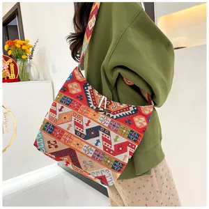 Bohemian ethnic embroidered canvas shoulder crossbody bag, casual vintage style for women.