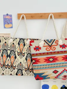 Εθνοτική τσάντα shopper από καμβά για γυναίκες, vintage γεωμετρική υφαντή τσάντα ώμου.