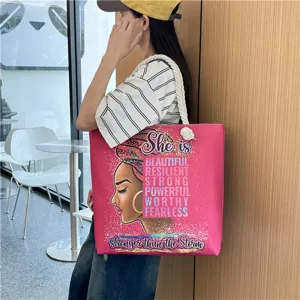 Large capacity tote bag with African woman print and comfortable rope handles for beach daily use.