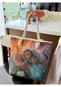 Bunte ethnische bestickte Leinen Tote Tasche mit dickem Seilgriff und Elefanten Motiv.