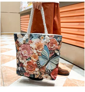 Vintage bloemen tapestry shopper tas met vlinder patroon en dikke touw handvatten voor dagelijks.