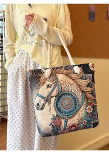 Ethische bestickte Canvas Tragetasche mit Seilgriff, Bohème Pferd Design, grosse Kapazität.