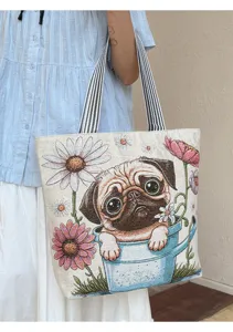 Woven canvas tote bag featuring cute pug and floral design, large capacity shoulder bag for daily use.