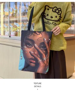 Modische Canvas Tragetasche mit künstlerischem Porträt-Druck, lässige Schulter-Einkaufstasche.