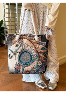 Ethischer bestickter Segeltuch Shopper mit dicken Seilgriffen und großem Kapazität Pferd Design