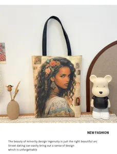 Ethischer Canvas Shopper mit künstlerischem Porträt-Druck, lässige Schultertasche.