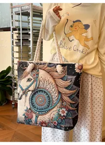Ethnische bestickte Segeltuch Tasche mit gewebtem Pferd Muster, grosse Schultertasche.