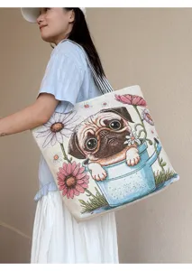 Woven canvas tote bag featuring a cute pug and floral pattern, large capacity daily shoulder bag.