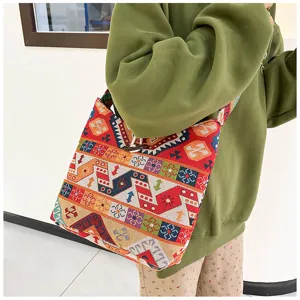Ethnic embroidered canvas shoulder bag, vintage geometric patterned casual crossbody tote.