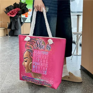 Canvas beach tote bag with African woman graphic, large capacity casual shoulder handbag.